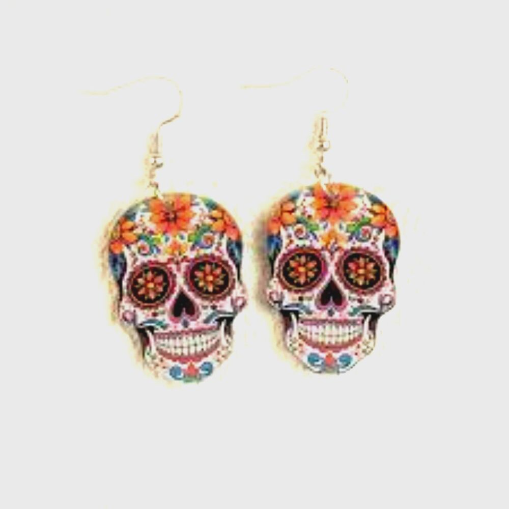 Colorful Sugar Skull Dangle Drop Earrings Acrylic Spooky Whimsy Halloween Fun